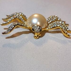 Large Spider Brooch, Faux Pearl Body, Rhinestone Legs, 1970s Vintage Jewelry
